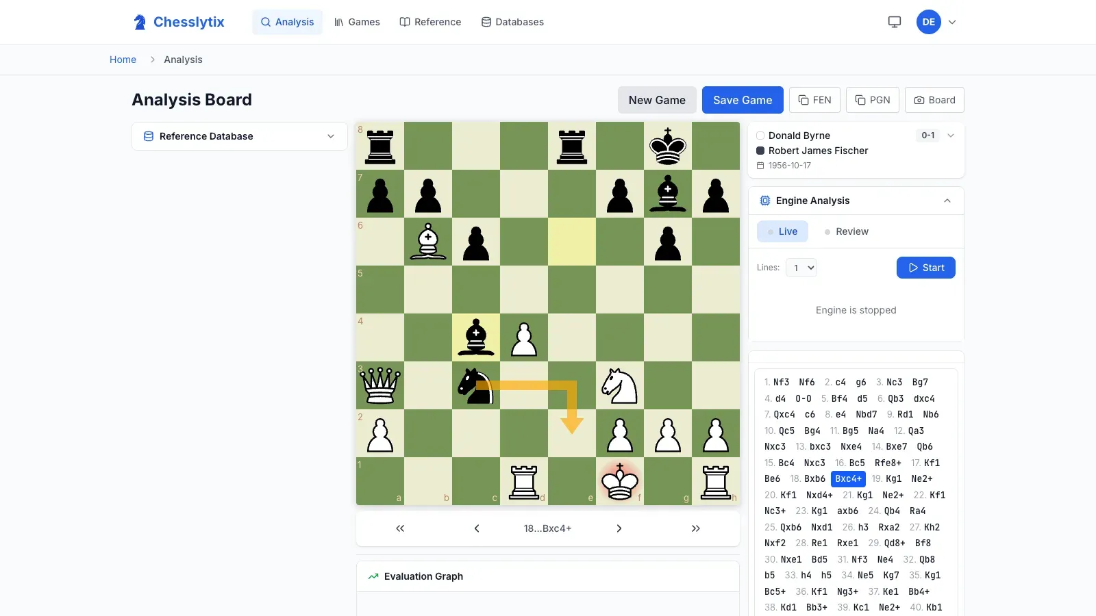 Chess board with an annotation arrow drawn from c3 to e2, illustrating a candidate knight move during analysis