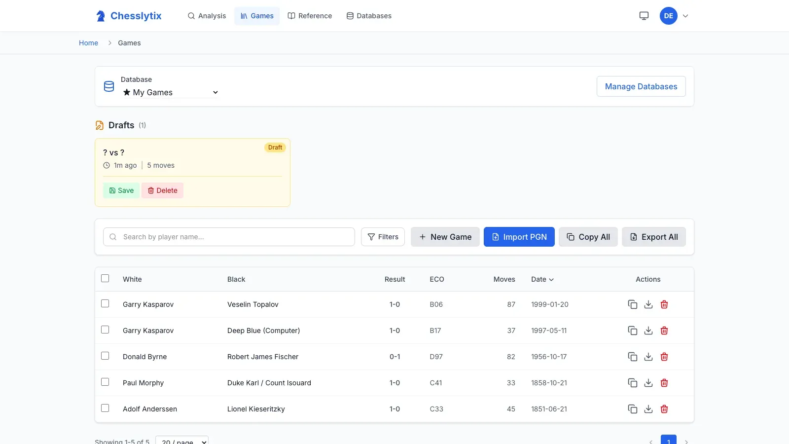 Game library showing an auto-saved draft with a "Draft" badge and five organized games with players, results, and dates