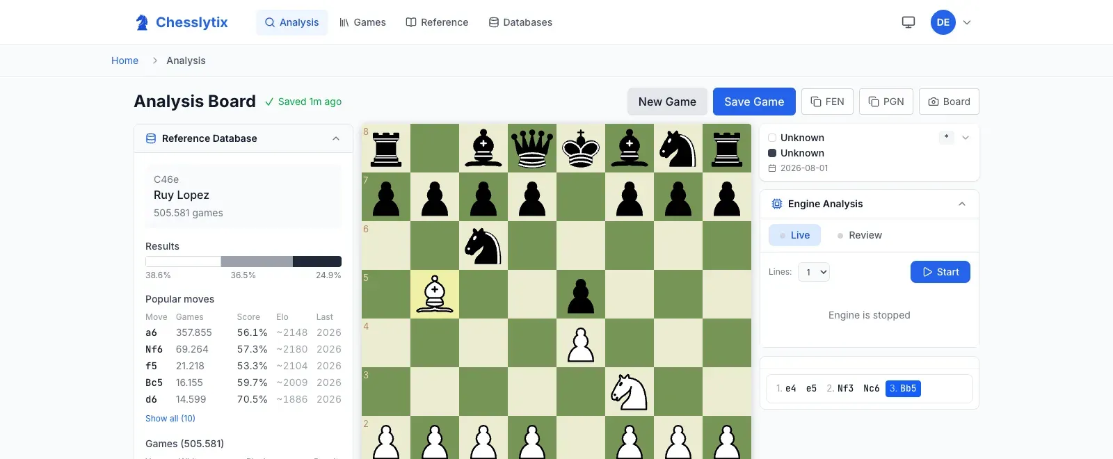 Reference database panel showing the Ruy Lopez (C46e) with 505,581 master games, a result breakdown, and the top five replies by popularity and rating