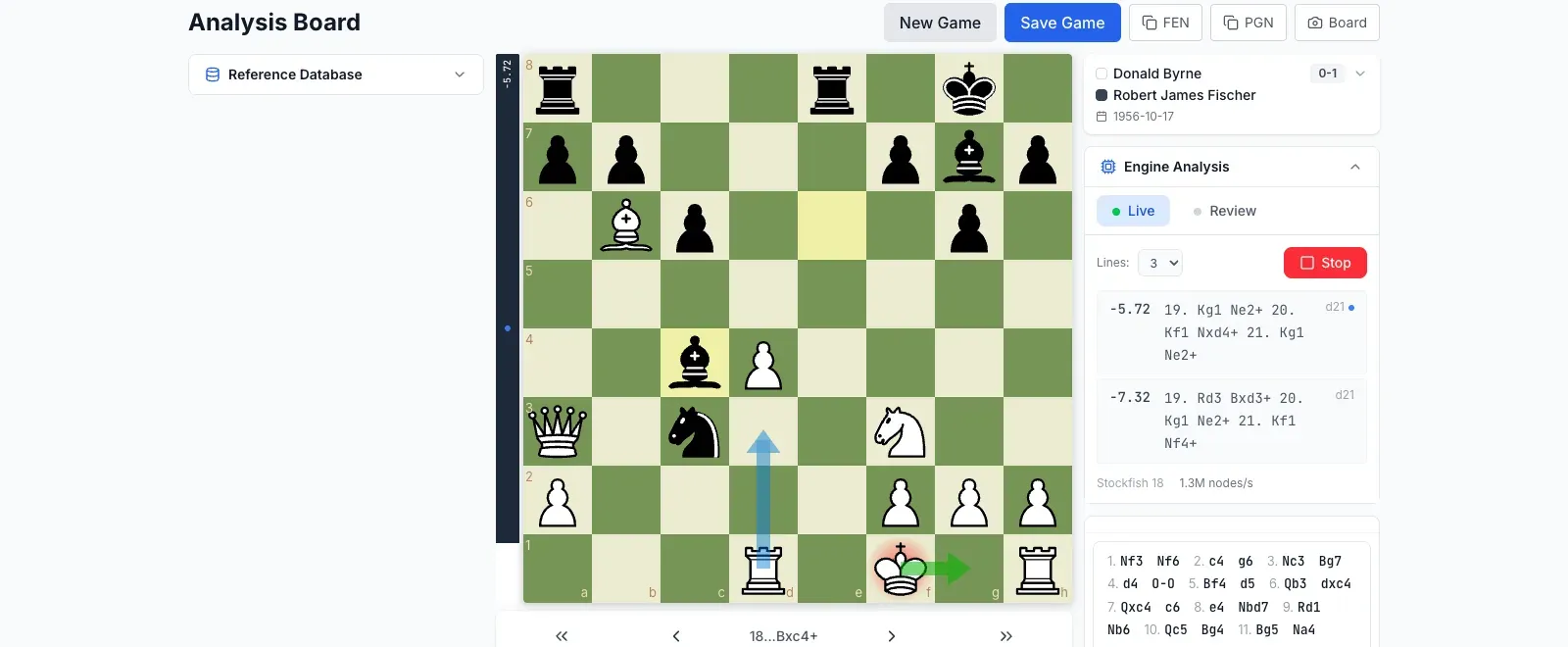 Chesslytix analysis board showing the Byrne vs. Fischer 1956 'Game of the Century', with cloud Stockfish evaluating Fischer's queen sacrifice at -5.72 across three candidate lines