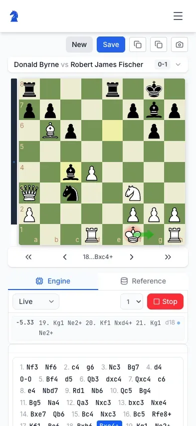 Chesslytix analysis board on an iPhone, showing the full board, a cloud Stockfish evaluation of -5.33, and the move list