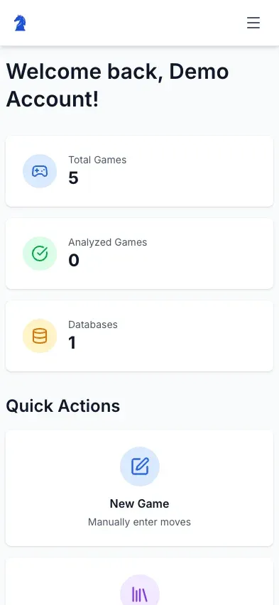 Chesslytix dashboard on an iPhone, showing Total Games, Analyzed Games, and Databases stat cards plus Quick Actions