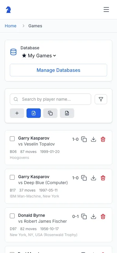 Chesslytix game library on an iPhone, showing games as stacked cards with player names, results, and move counts
