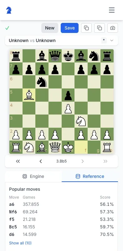Chesslytix reference tab on an iPhone, showing popular moves in the Ruy Lopez ranked by games played and score